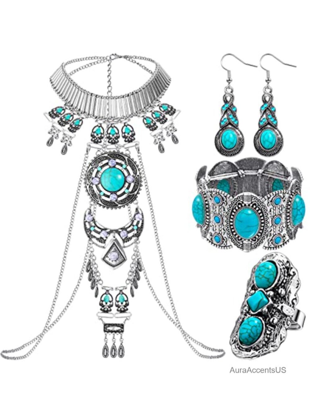 Western Jewelry Set Turquoise Alloy Necklace Earrings Bracelet Ring 4 Pc